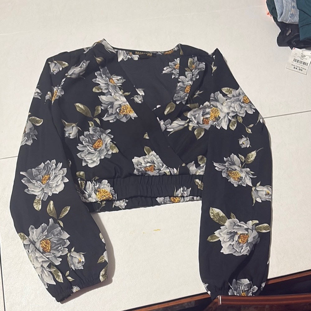 SHEIN Blue Gray Crop Wrap Blouse